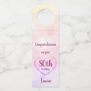 Pretty pastel pink 80th birthday design bottle tag
