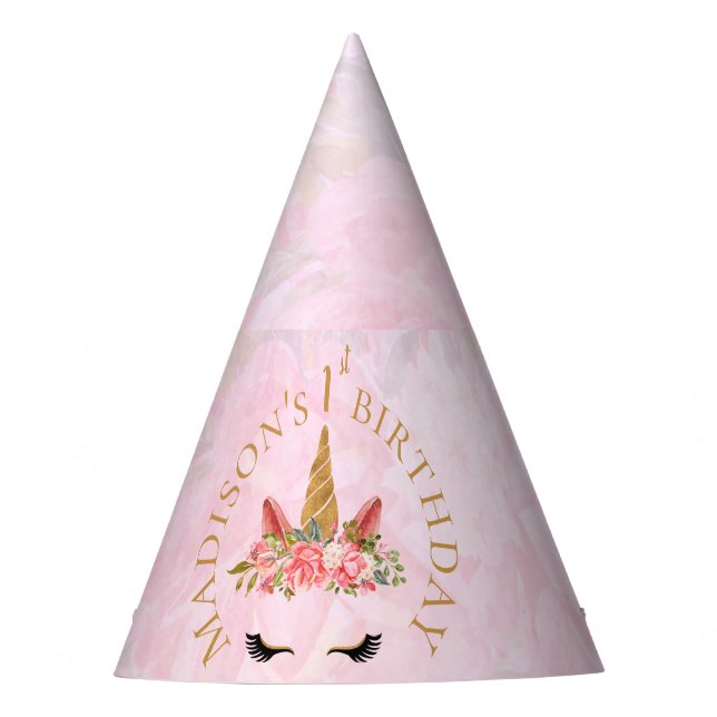 Pretty Pastel Pink Floral Unicorn Birthday  Party Hat (Front)