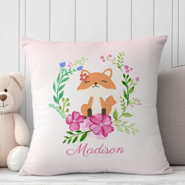Pretty pastel pink girly floral baby fox nursery cushion (Creator Uploaded)