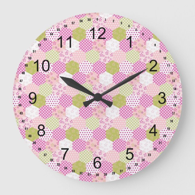 Pretty Pastel Pink Green Patchwork Quilt Design Large Clock (Front)
