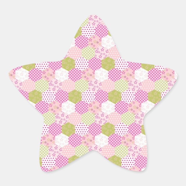 Pretty Pastel Pink Green Patchwork Quilt Design Star Sticker (Front)