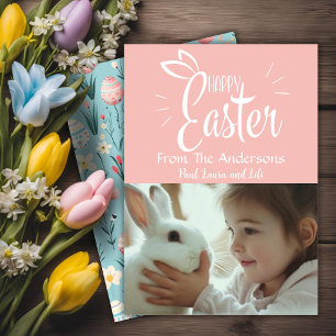 Pretty Pastel Pink Happy Easter Custom Photo Holiday Card