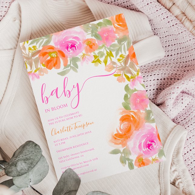 Pretty pastel pink orange bloom floral baby shower invitation (Pretty pastel pink orange bloom floral baby shower invitation)