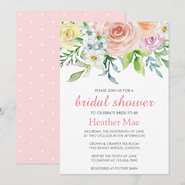Pretty Pastel Pink Watercolor Floral Bridal Shower Invitation (Front/Back)