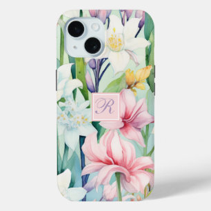Pretty Pastel Pink & White Spring Flower Monogram iPhone 15 Case