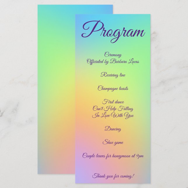 Pretty Pastel Rainbow Gradient Wedding Program Programme (Front/Back)