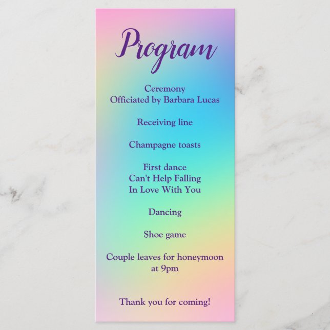 Pretty Pastel Rainbow Gradient Wedding Program Programme (Front)