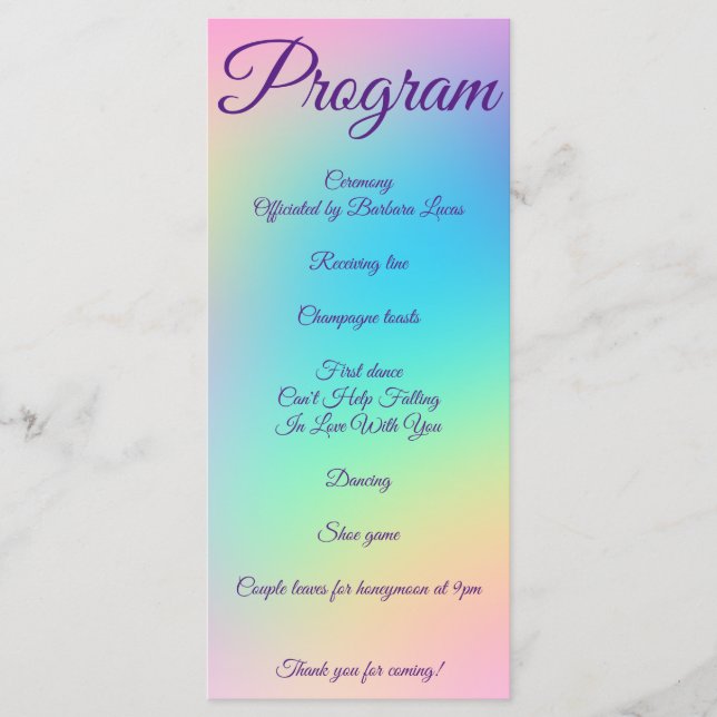 Pretty Pastel Rainbow Gradient Wedding Programme (Front)