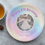Pretty Pastel Rainbow Sparkle Kids Birthday Party Paper Plate<br><div class="desc">Celebrate your little girl's birthday with these pretty pastel rainbow sparkle party plates that feature beautiful purple letters and your child's custom photograph. This magical invite exemplifies the enchantment of childhood. Add your kid's photograph for a personal touch on this cute whimsical party decor.</div>
