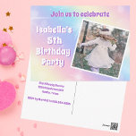 Pretty Pastel Rainbow Sparkle Kids Birthday Party Postcard<br><div class="desc">Celebrate your little girl's birthday with these pretty pastel rainbow sparkle postcard invitations that feature beautiful purple letters and your child's custom photograph. This magical invite exemplifies the enchantment of childhood. Add your kid's photograph for a personal touch on this cute whimsical party invite.</div>
