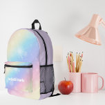 Pretty Pastel Rainbow Sparkle Personalised Printed Backpack<br><div class="desc">Customise this pretty pastel rainbow sparkle backpack features your name in cute white writing. This magical design has a pretty pink and purple pattern for a little girl to use as a book bag for school.</div>
