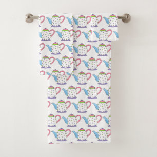 Pretty Pastel Teapot Tea Pot Party Polka Dot Pink Bath Towel Set