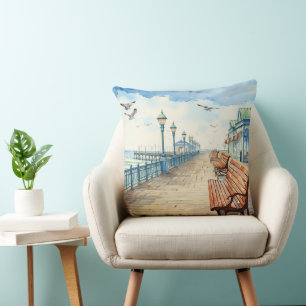 PRETTY PASTEL WATERCOLOR BOARDWALK AND BEACH CUSHION