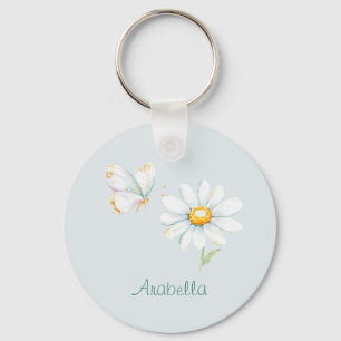 Pretty Pastel Watercolor Butterfly and Daisy Key Ring