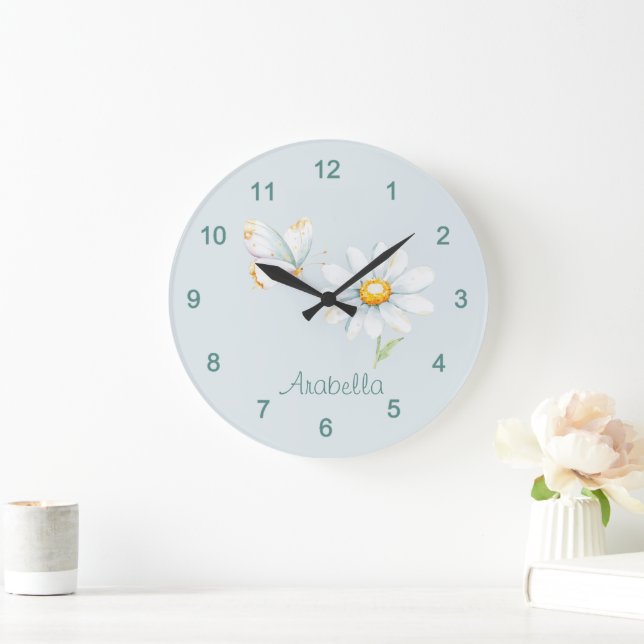 Pretty Pastel Watercolor Butterfly and Daisy Large Clock (Home)