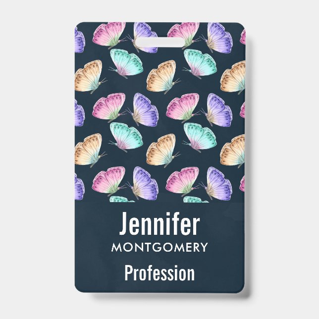 Pretty Pastel Watercolor Butterfly Pattern ID Badge (Front)