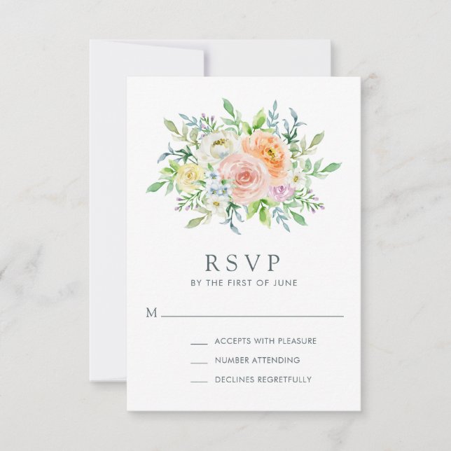 Pretty Pastel Watercolor Floral Bouquet Wedding RSVP Card (Front)