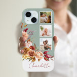 Pretty Pastel Watercolor Flowers, 3-Photos w/Name iPhone 15 Case<br><div class="desc">Customise this pretty three-photo template design with your name or monogram on a blank label element that you can customise with the colour of your choice. It features a colourful corner spray of watercolor blush, rust and ivory roses and chrysanthemums with sage green and brown foliage. Background colour is also...</div>