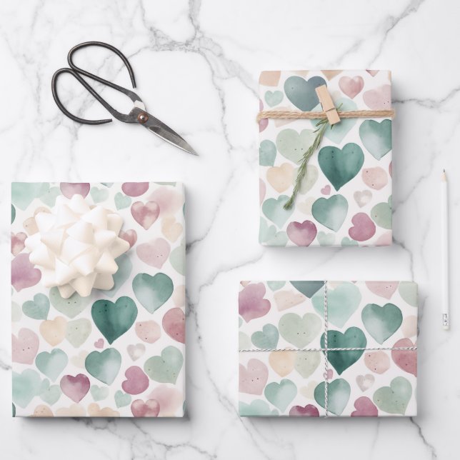 Pretty Pastel Watercolor Heart Pattern  Wrapping Paper Sheet (Front)