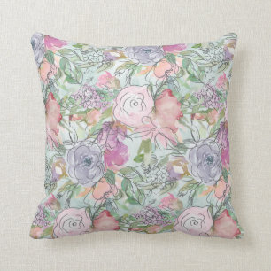 Pretty Pastel Watercolor Lineart Flowers Cushion