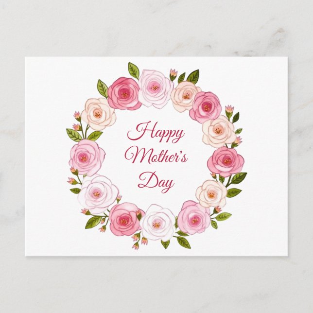 Pretty Pastel Watercolor Rose Wreath Postcard (Front)
