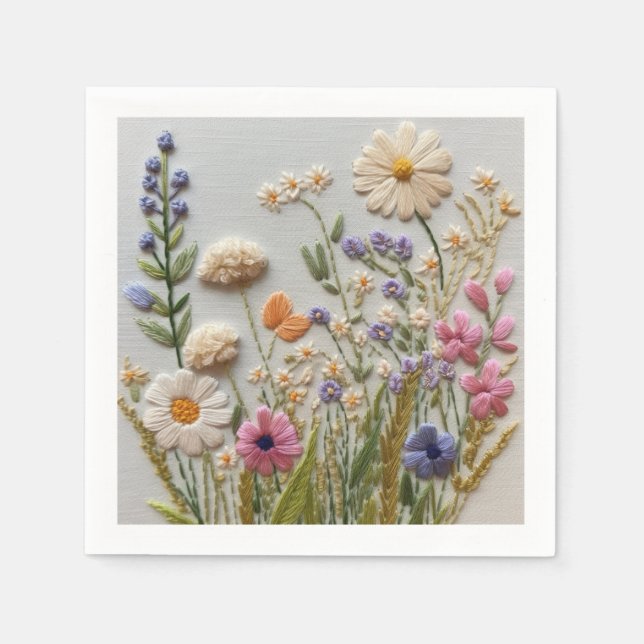 Pretty Pastel Wildflowers Embroidery Napkin (Front)