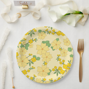 Pretty Pastel Yellow Floral Pattern, Paper Plate