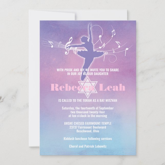 Pretty Pastels Ballet Dance, Dancer Bat Mitzvah Invitation (Front)