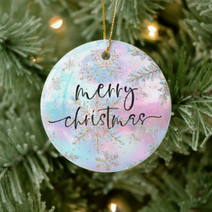 Pretty pastels Gold Snowflakes Merry Christmas Ceramic Tree Decoration