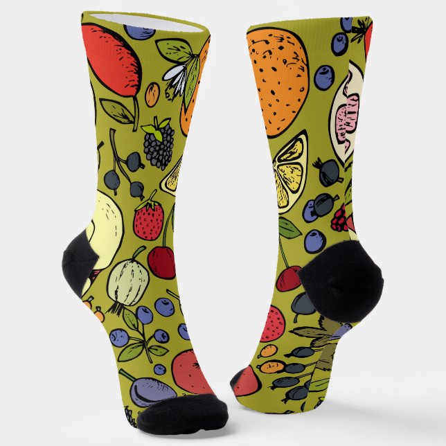 Pretty pattern design of fruits l Cute olive green Socks (Angled)
