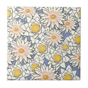 Pretty pattern of white and yellow flowers l Blue  Tile