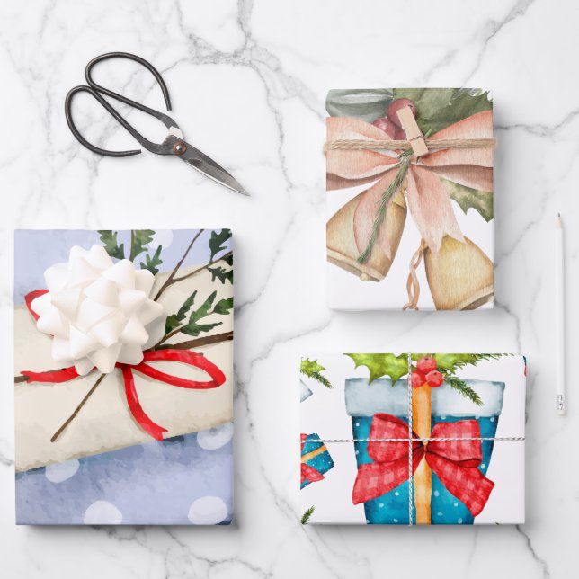 Pretty pattern Xmas blue l ribbon l bell red cute Wrapping Paper Sheet (Front)