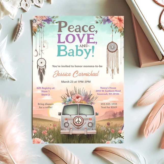 Pretty Peach and Blue Peace, Love and Baby Shower Invitation (Creator Uploaded)