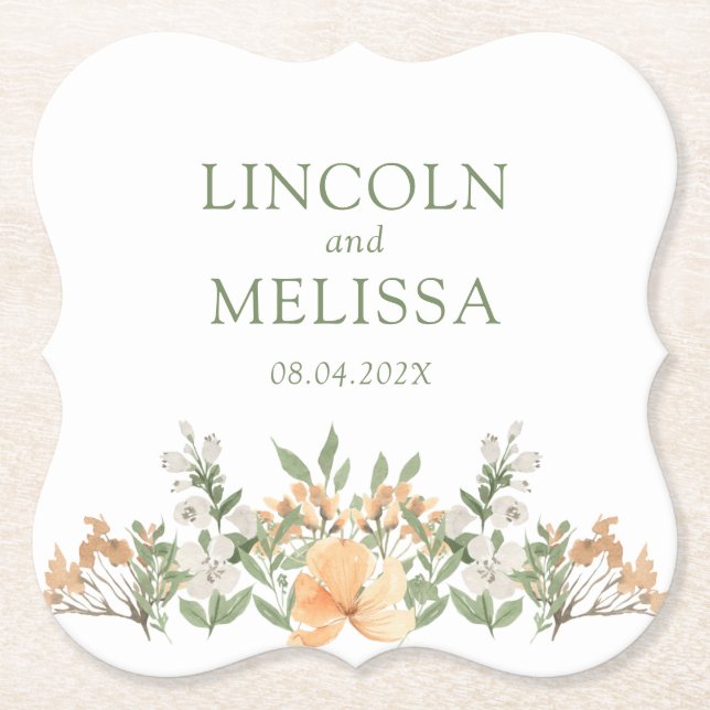 Pretty Peach and White Floral Wedding  Paper Coaster (Front)