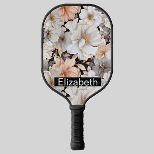 Pretty Peach and White Peony Personalized Pickleball Paddle