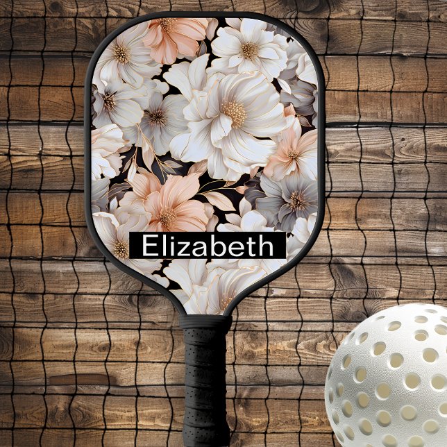 Pretty Peach and White Peony Personalized Pickleball Paddle (Creator Uploaded)