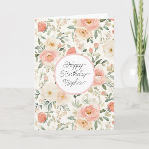 Pretty Peach Blush Pink Floral Birthday Card