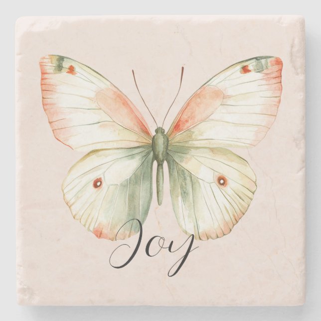 Pretty Peach Butterfly Joy Stone Coaster (Front)