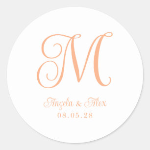 Pretty Peach Curly Wedding Monogram Classic Round Sticker