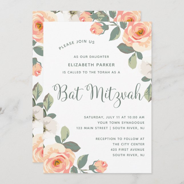 Pretty Peach Floral | Bat Mitzvah Invitation (Front/Back)