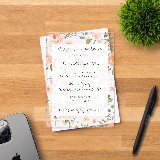 Pretty Peach Floral Bridal Shower Acrylic Invitations (Insitu (Invitation Card))