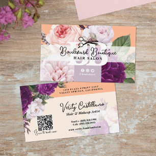 Pretty Peach Floral Hair Salon Stylist QR Code Business Card
