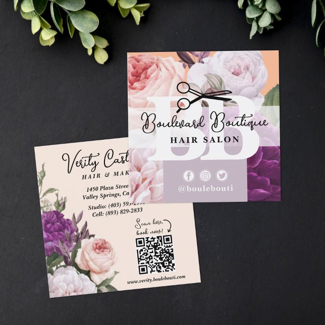 Pretty Peach Floral Hair Salon Stylist QR Code Square Business Card (Creator Uploaded)