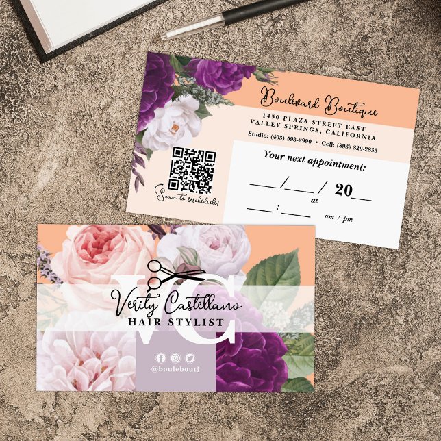 Pretty Peach Floral Hair Stylist Appointment QR Business Card (Creator Uploaded)