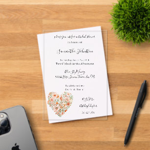 Pretty Peach Floral Heart Bridal Shower Acrylic Invitations