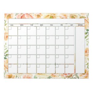 Pretty Peach Floral Monthly Planner Calendar Notepad