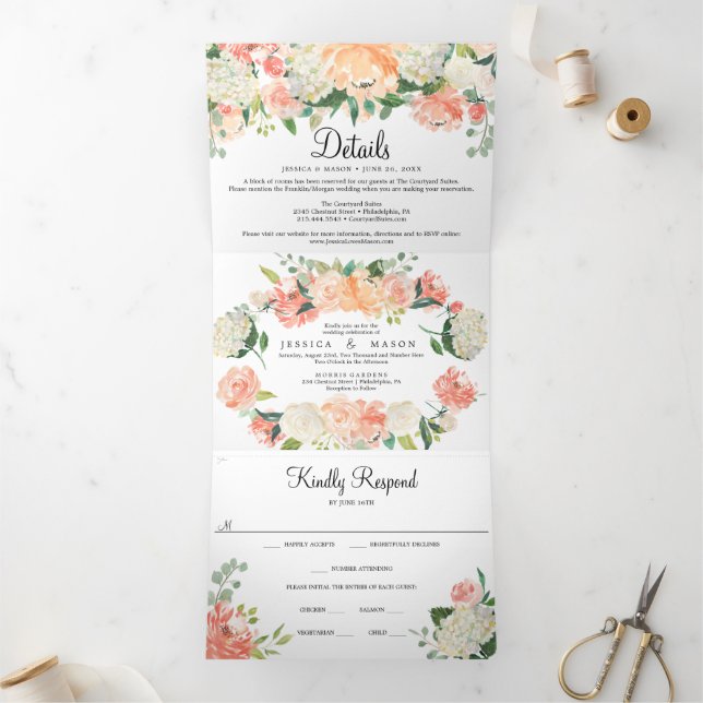 Pretty Peach Floral Wedding Tri-Fold Invitations (Inside)
