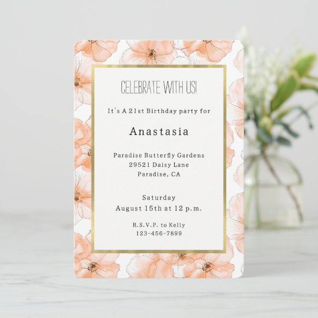 Pretty Peach Flowers Birthday Invitation (Standing Front)