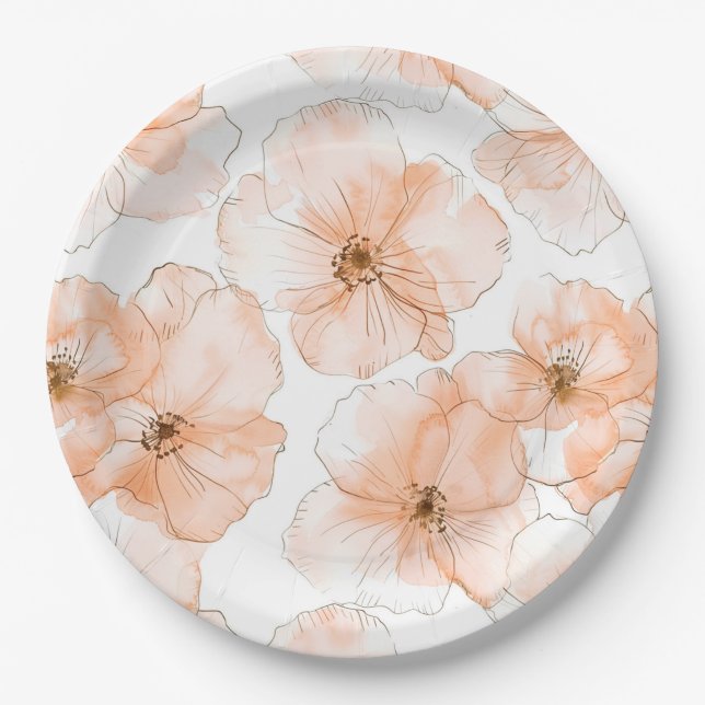 Pretty Peach Flowers Birthday Paper Plate (Front)