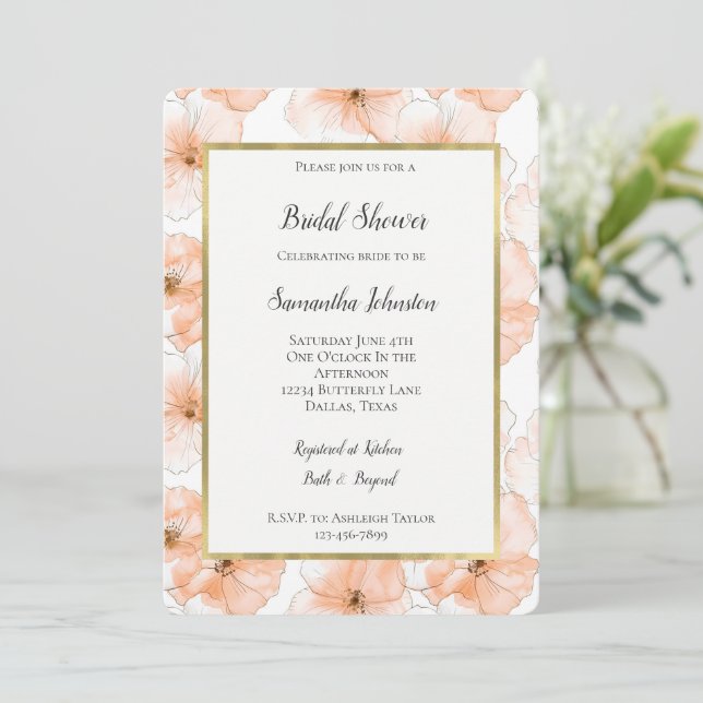 Pretty Peach Flowers Bridal Shower Invitation (Standing Front)
